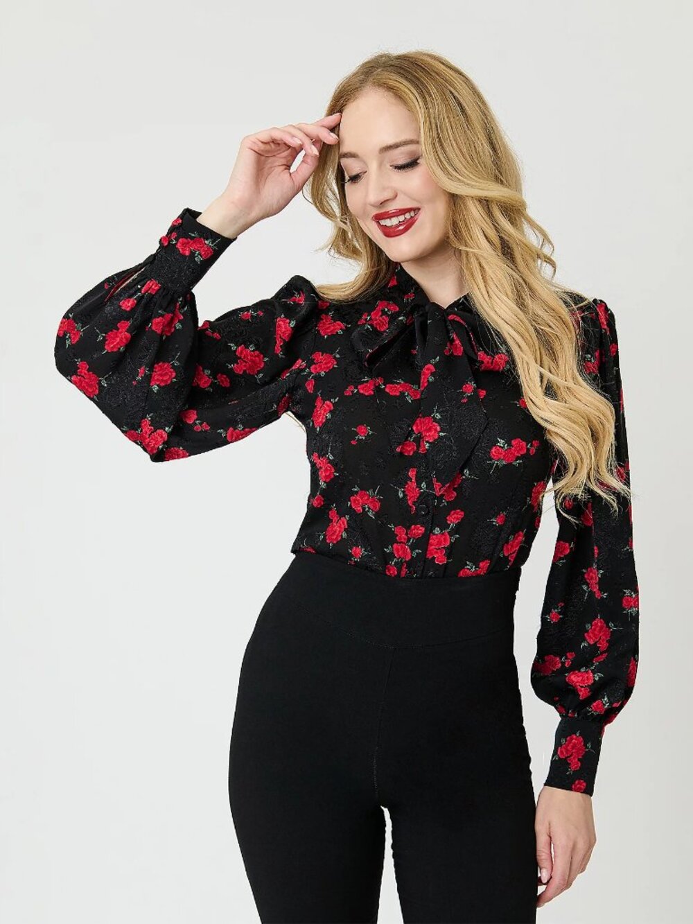 Unique Vintage Black & Red Roses Long Sleeve Gwen Blouse Goth Floral Bow